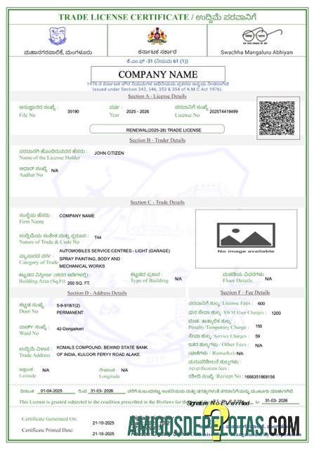Certificado de licença comercial da Índia Mangaluru para download, modelo Word e PDF